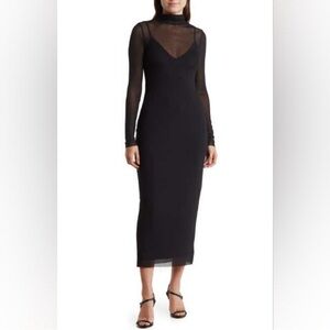 AFRM Los Angeles Marni long sleeve mesh midi Black Body Dress Size Large Nwt